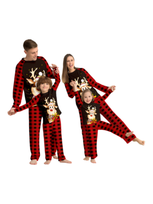 Reindeer very happy with his gift, pyjamas for families in red, black checks