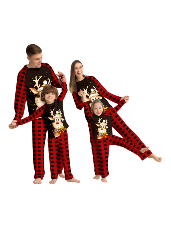 Reindeer very happy with his gift, pyjamas for families in red, black checks
