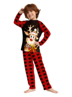 Reindeer very happy with his gift, pyjamas for families in red, black checks