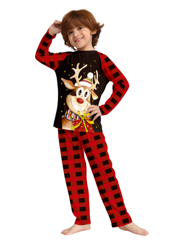 Reindeer very happy with his gift, pyjamas for families in red, black checks