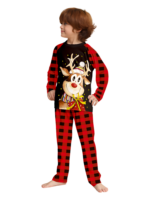 Reindeer very happy with his gift, pyjamas for families in red, black checks