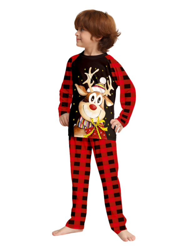 Reindeer very happy with his gift, pyjamas for families in red, black checks