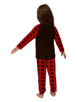 Reindeer very happy with his gift, pyjamas for families in red, black checks