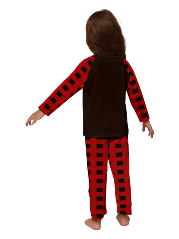 Reindeer very happy with his gift, pyjamas for families in red, black checks