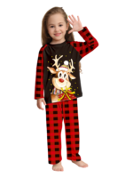 Reindeer very happy with his gift, pyjamas for families in red, black checks