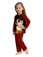 Reindeer very happy with his gift, pyjamas for families in red, black checks