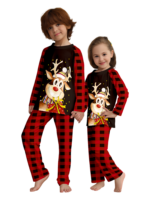 Reindeer very happy with his gift, pyjamas for families in red, black checks