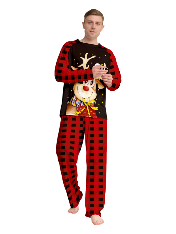 Reindeer very happy with his gift, pyjamas for families in red, black checks