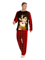 Reindeer very happy with his gift, pyjamas for families in red, black checks