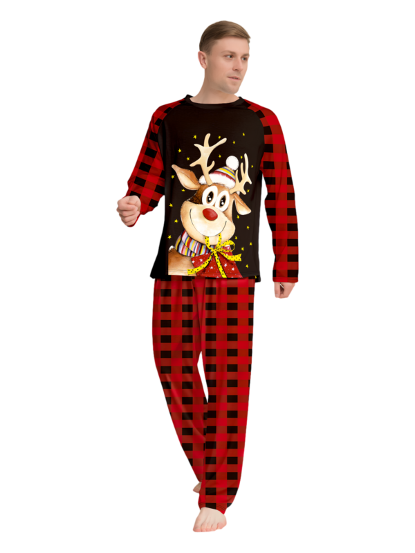 Reindeer very happy with his gift, pyjamas for families in red, black checks
