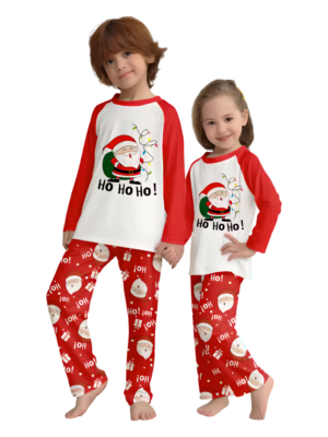 Santa carrying full christmas bag red pyjamas for family children front