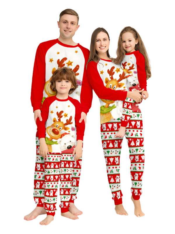 Smiling reindeer and his polar bear friend, dressed for winter matching family pyjama