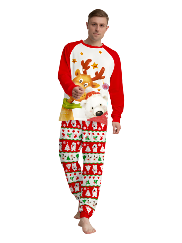 Smiling reindeer and his polar bear friend, dressed for winter matching family pyjama