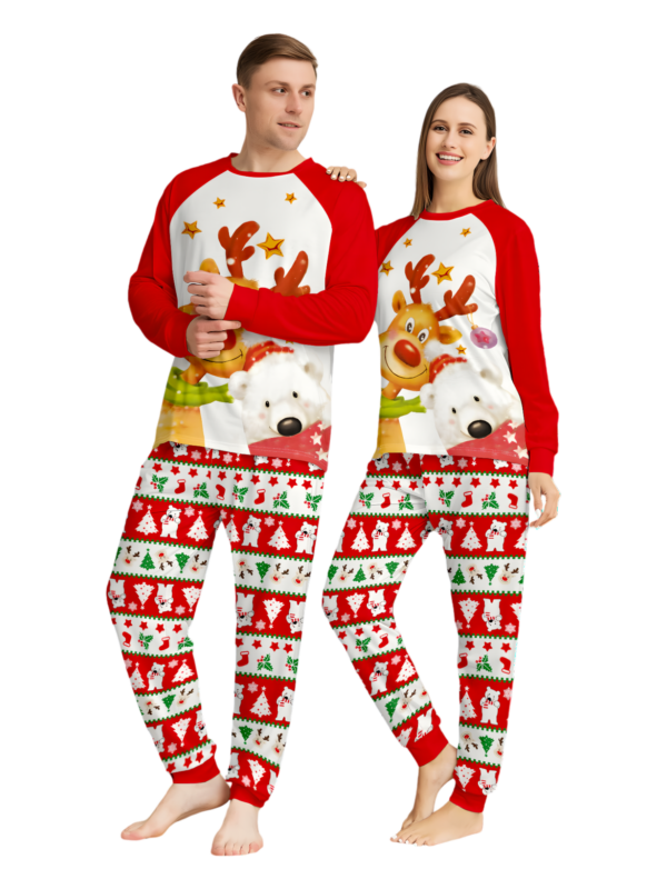 Smiling reindeer and his polar bear friend, dressed for winter matching family pyjama