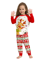 Smiling reindeer and his polar bear friend, dressed for winter matching family pyjama