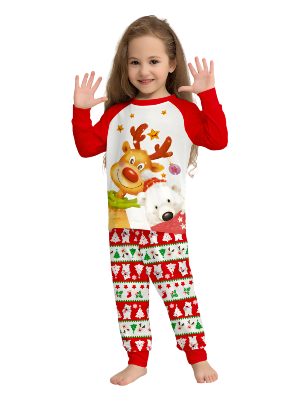 Smiling reindeer and his polar bear friend, dressed for winter matching family pyjama