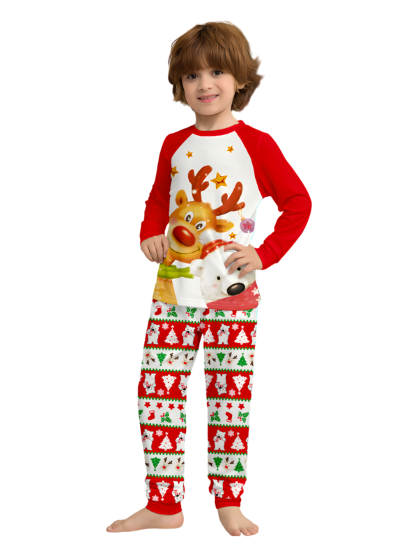 Smiling reindeer and his polar bear friend, dressed for winter matching family pyjama