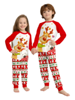 Smiling reindeer and his polar bear friend, dressed for winter matching family pyjama