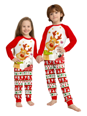 Smiling reindeer and his polar bear friend dressed for winter matching family pyjamas kids front