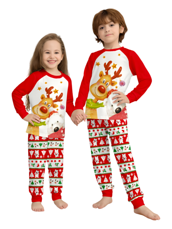 Smiling reindeer and his polar bear friend, dressed for winter matching family pyjama