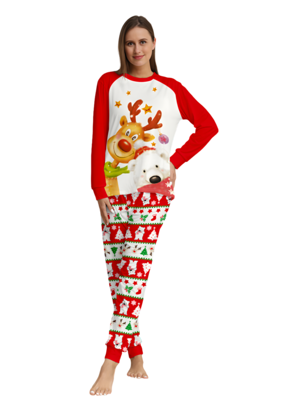 Smiling reindeer and his polar bear friend, dressed for winter matching family pyjama