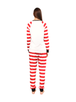 Snowman and his happy reindeer friend, red striped family pyjama