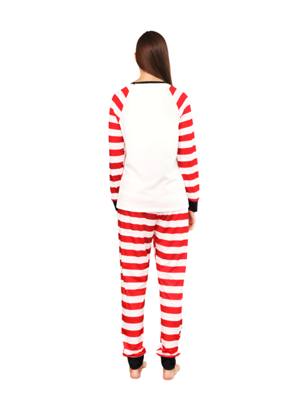Snowman and his happy reindeer friend, red striped family pyjama