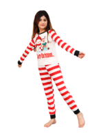 Snowman and his happy reindeer friend, red striped family pyjama