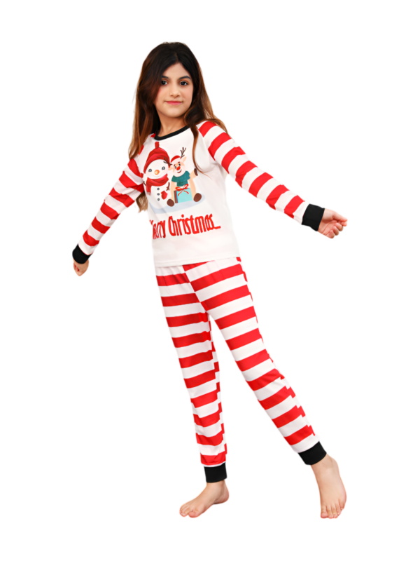 Snowman and his happy reindeer friend, red striped family pyjama