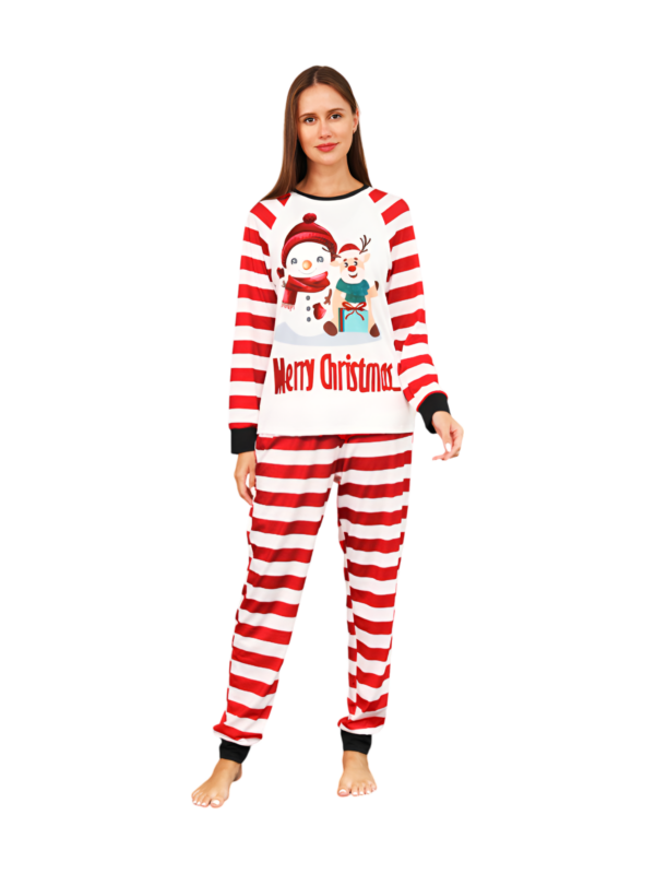 Snowman and his happy reindeer friend, red striped family pyjama