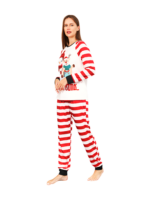 Snowman and his happy reindeer friend, red striped family pyjama