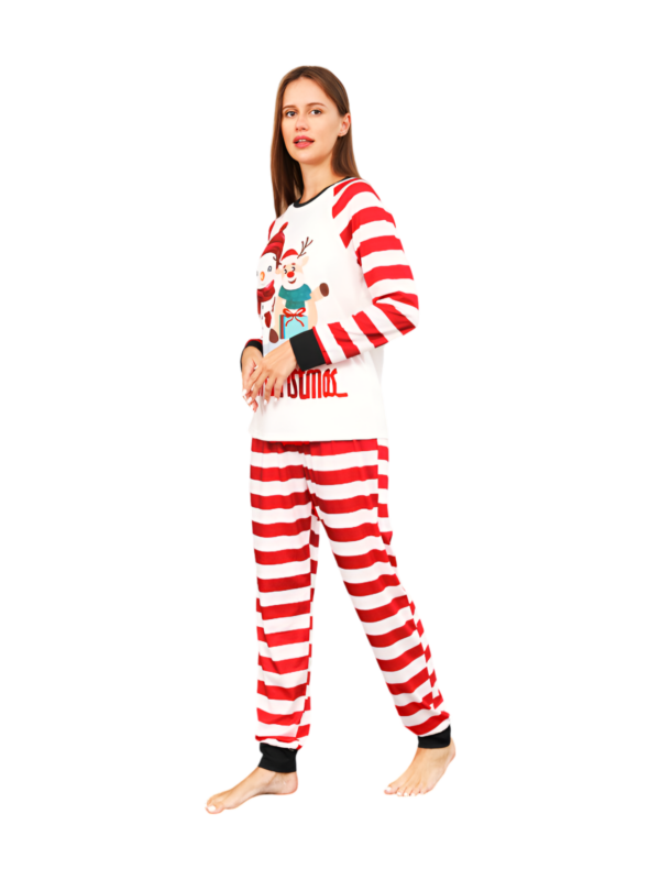 Snowman and his happy reindeer friend, red striped family pyjama