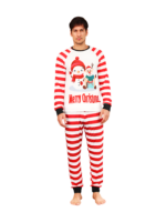 Snowman and his happy reindeer friend, red striped family pyjama