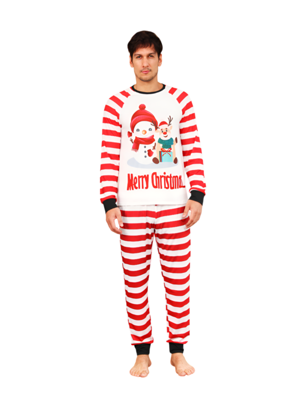 Snowman and his happy reindeer friend, red striped family pyjama