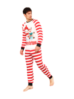 Snowman and his happy reindeer friend, red striped family pyjama