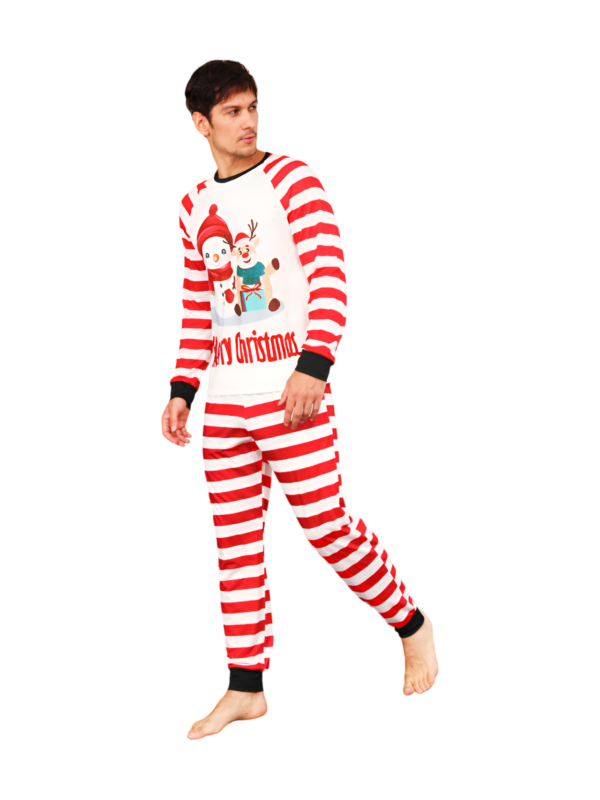 Snowman and his happy reindeer friend, red striped family pyjama