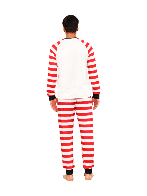 Snowman and his happy reindeer friend, red striped family pyjama
