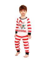 Snowman and his happy reindeer friend, red striped family pyjama