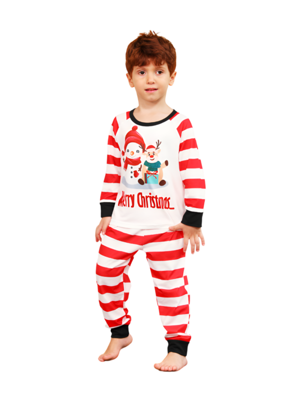 Snowman and his happy reindeer friend, red striped family pyjama