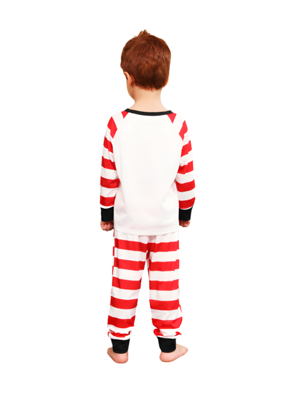 Snowman and his happy reindeer friend, red striped family pyjama