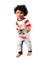 Snowman and his happy reindeer friend, red striped family pyjama