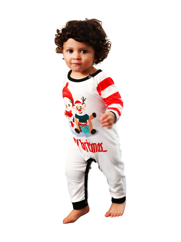 Snowman and his happy reindeer friend, red striped family pyjama
