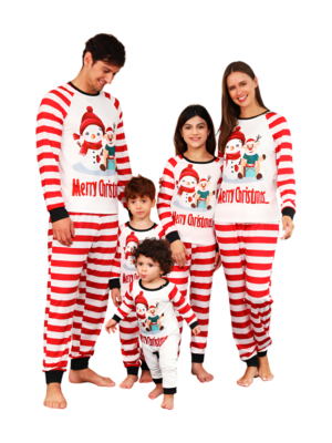 Snowman and his happy reindeer friend, red striped family pyjama