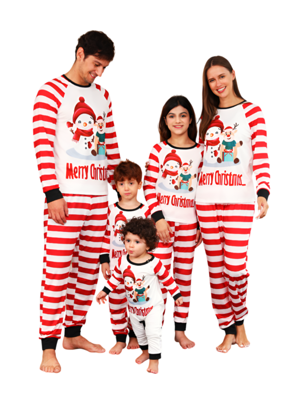 Snowman and his happy reindeer friend, red striped family pyjama