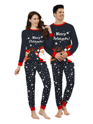 Snowy family Christmas pyjamas of Father Christmas giving a present to his little reindeer couples front