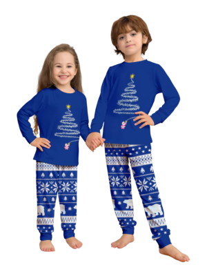 Blue matching christmas pyjamas with starry magic tree pattern for kids