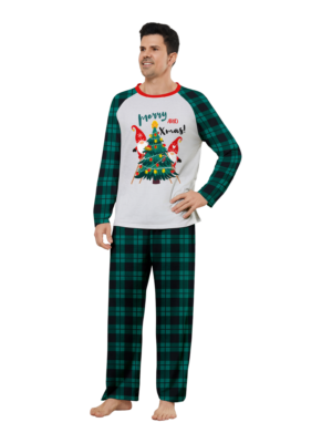 Christmas tree decorated by elves printed merry christmas on festive pajamas with christmas tree and wrapped gifts
