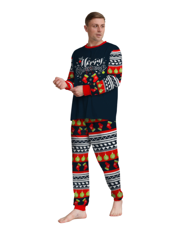 Pijama familiar de Navidad con rayas rojas y negras, motivos navideños