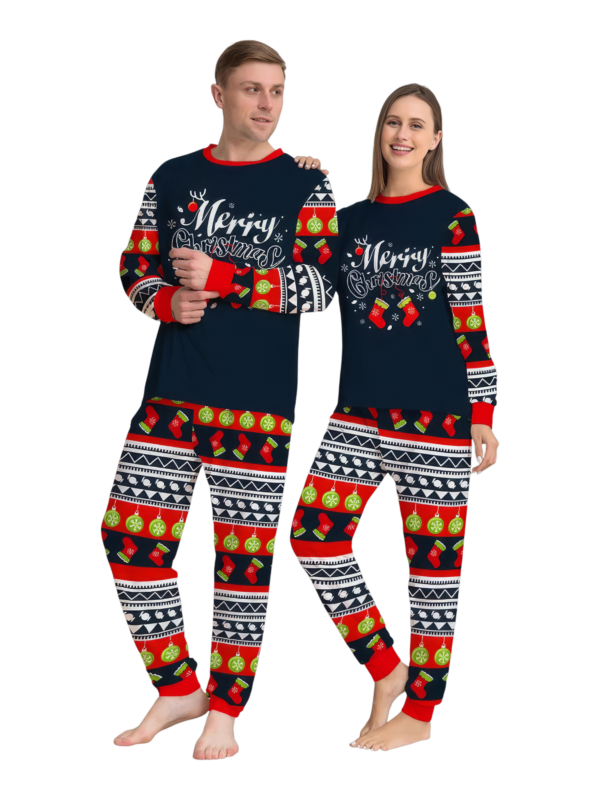 Pijama familiar de Navidad con rayas rojas y negras, motivos navideños