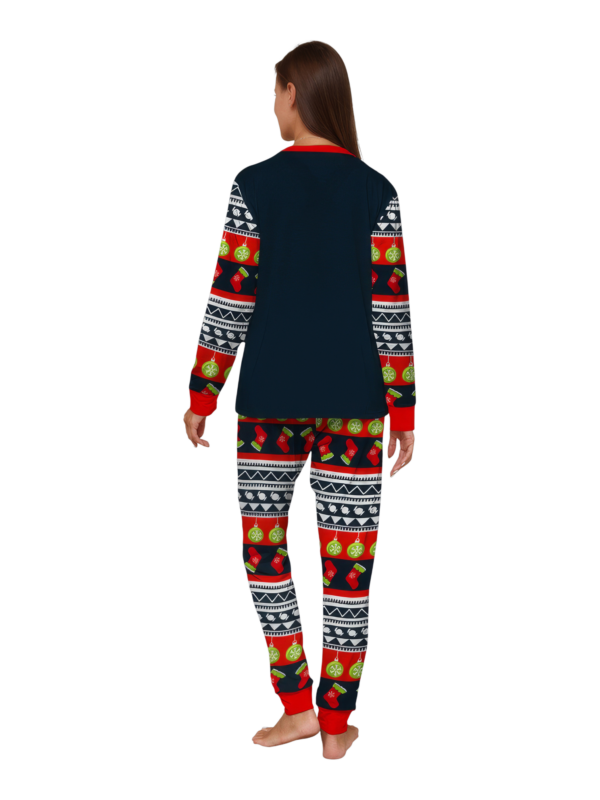 Pijama familiar de Navidad con rayas rojas y negras, motivos navideños